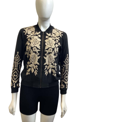Brand New Johnny Was Womens  Size XS Mela Silk Embroidered Bomber Jacket Black/ Off White