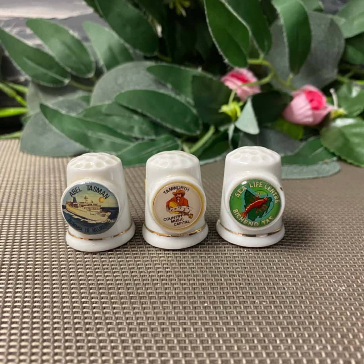 Box 3 white ceramic souvenir thimbles. Please read description.