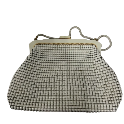 Vintage Oroton White Metal Mesh Evening Bag Gold Frame Chain Strap