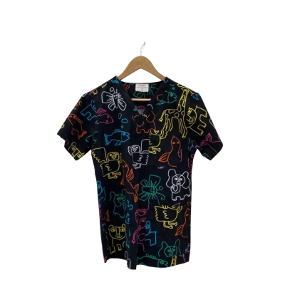 Gorman Womens Scrub Top Size XXS Black / Animal Pattern 