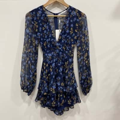 Saints + Secrets Womens  Size 6 Long Sleeve Playsuit Beige / Blue / Floral / Navy Blue 