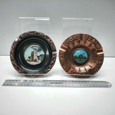 Vintage Italian Souvenir Ashtray Pair Copper Ornate Filigree Trieste Miramare