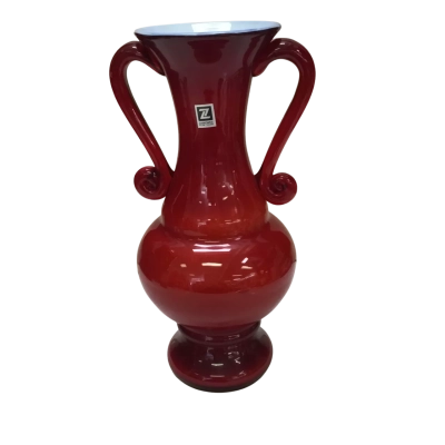 Vintage Zabkowice Red Glass Two Handled Vase - Circa 1980s Poland