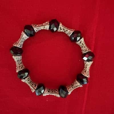  Women's Stretch Beaded Bracelet Featuring Black Faceted Beads Alternating with Silver- Tone Filigree Beads Spacers