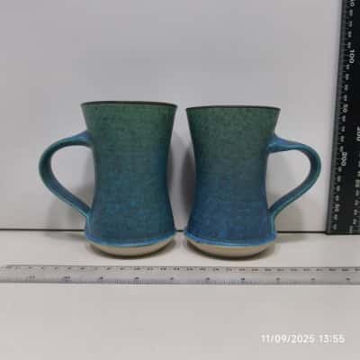 2x Earthy Mugs Handmade Stamped Blue Teal 