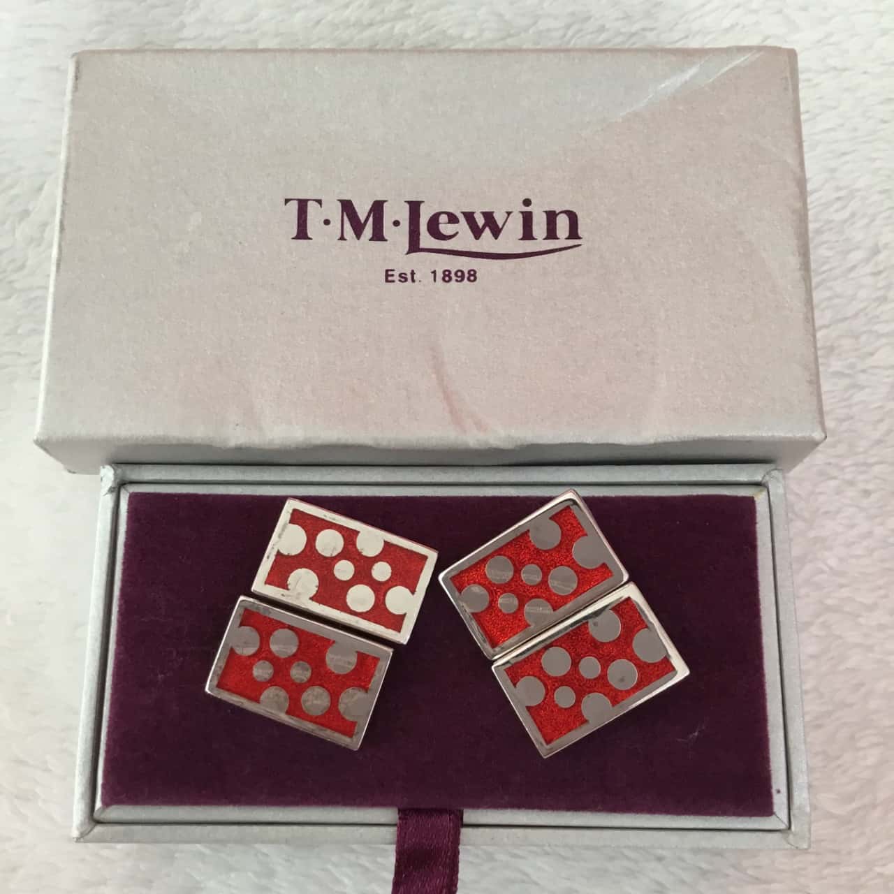 T.M. Lewin Red Enamel Silver Circles Bubbles Silver Tone Cufflinks