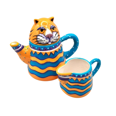Vintage (2002) Australian Design Novelty "Giggles Cat" Teapot With Matching Jug (brica shelf)