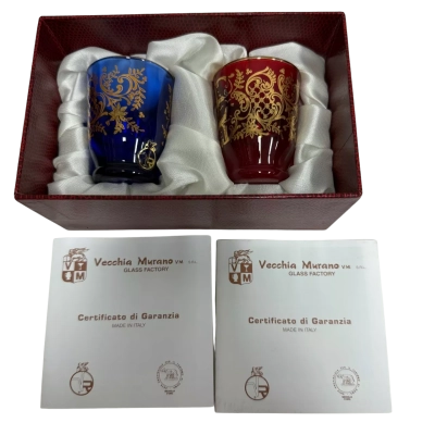 Vecchia Murano - Glass Factory Blue and Red Glasses. 