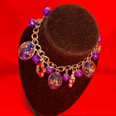  Women's Blue Glass Beaded Bracelet featuring Silver Tone Metal Links & Flower Shape Charms