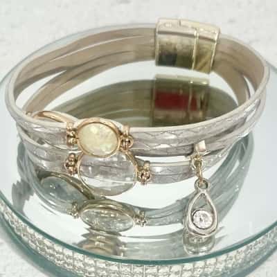 Bohemian Metallic Silver Leather Gemstone Cuff Bracelet 