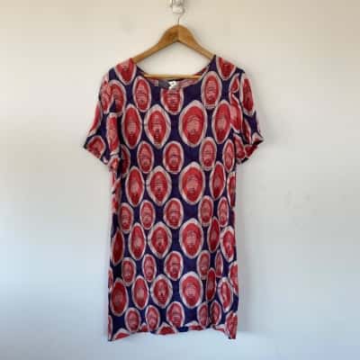Elm Blue Red Pattern Short Sleeve Mini Dress Size 14 