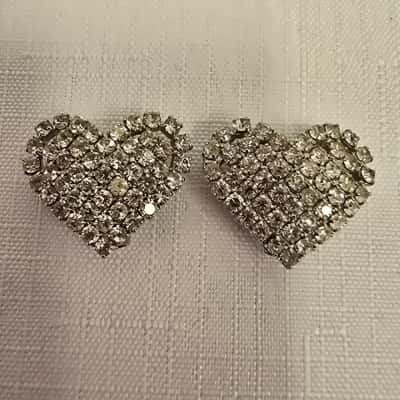  Womens Bluette Silver Heart Diamante Shoe Clips - Vintage - Made in France