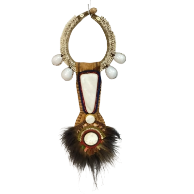 Long Tribal Shell, Feather & Stone War Necklace Wall Hanging