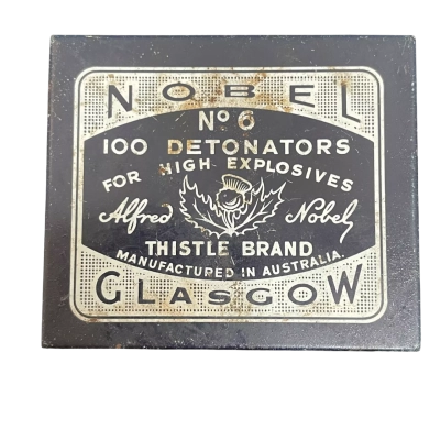 Vintage Alfred Nobel Thistle Brand Glasgow No. 6 100 Detonators Tin