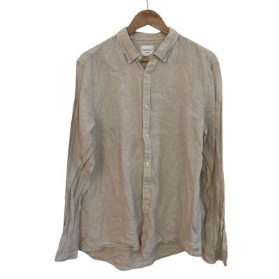 Industrie Mens Linen Size L Business Shirt / Long Sleeve Shirt Khaki / Off White 
