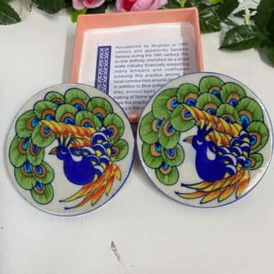 Handmade Peacock Set/2 Coasters Blue pottery 