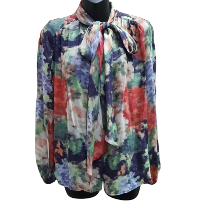 PERRI CUTTEN Size 6 Multi Colour Long Sleeve Pussy Bow Blouse 100% Silk