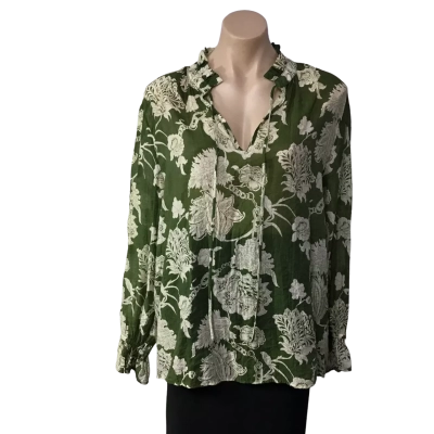 Adorne Womens Size 16 Olive Green / Cream Floral Long Sleeve Top  