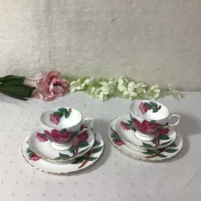 Vintage Tuscan "Hawaiian Flowers - Red Hibiscus" 2 x Cups Saucers & Plates