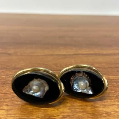 Vintage Black enamel, mother of pearl and seed pearl cufflinks 