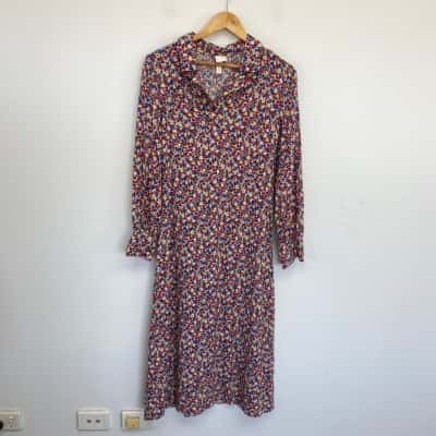 H&M Blue Red Floral Long SLeeve Shirt Midi Dress  Size XS 