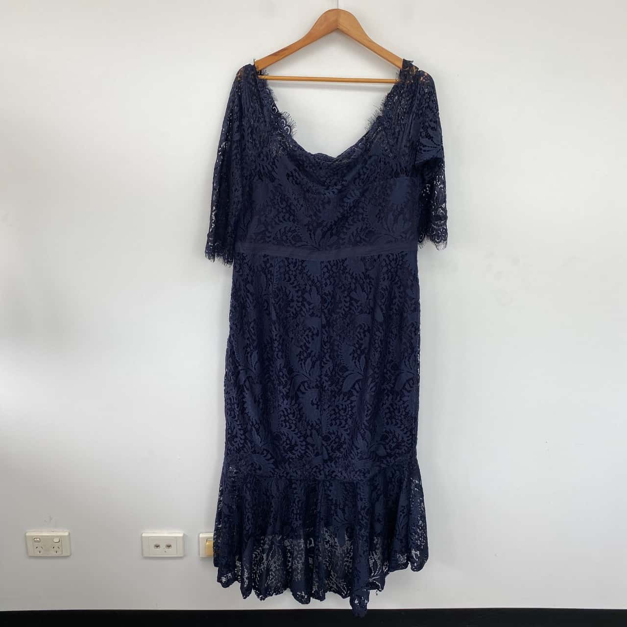 City Chic Navy Blue Floral Lace Off Shoulder Long Sleeve Midi Dress Size S  (s)