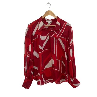 Country Road Linen>Silk Womens  Size 10 Long Sleeve Top Black  / Red / White 