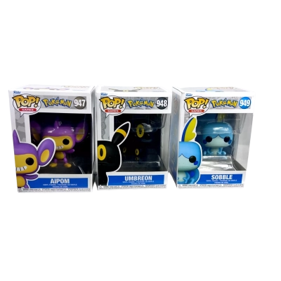 Funko Pop! Games: Pokémon vinyl figures: Aipom (#947), Umbreon (#948), and Sobble (#949).  Set