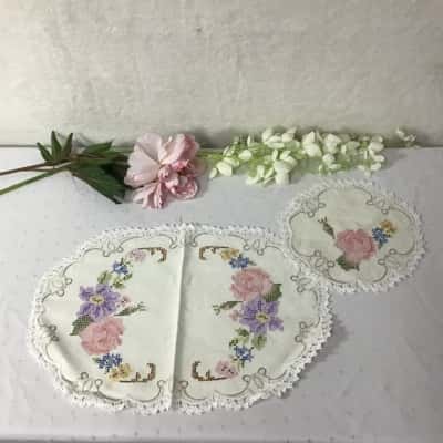 Set of 2 Hand Embroidered Doilies with Lace Trim