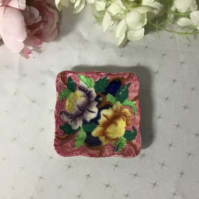 Vintage Maling Hand painted Floral Pattern Small Square Trinket Dish
