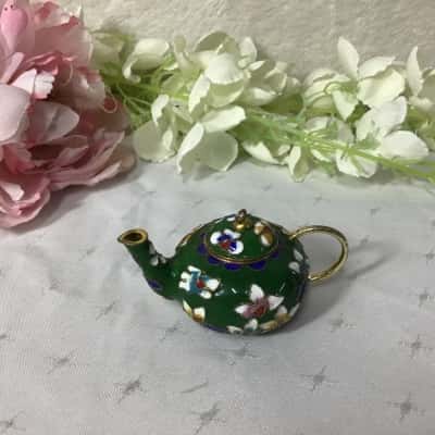 Cloisonne Green Floral Pattern Miniature Enameled Teapot Ornament 