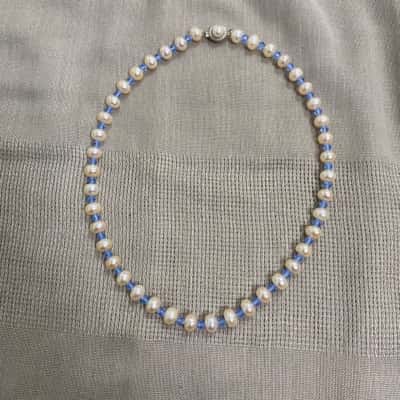  Womens Pearl Necklace with Blue Bead Spacers in Box