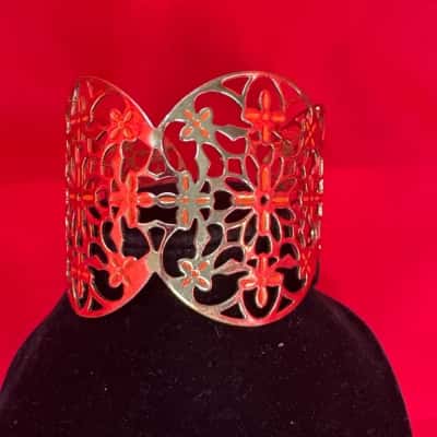  Women's Cuff Bracelet featuring Filigree Design with Delicate Orange Floral Accents 