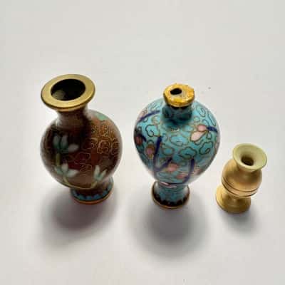 Miniature Vase Set of 3-2 cloisonné, 1 brass