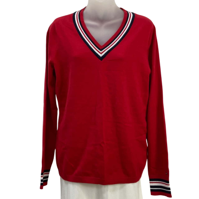 Brand New - Tommy Hilfiger - Womens Pure Cotton V-Neck Jumper - Size S - Red 