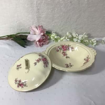Vintage Johnson Bros Pink Roses Pattern Round Serving Dish with Lid