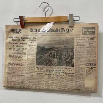 Vintage Newspaper The Age, Wednesday March 15, 1944, With Certificate of Authenticity, in Protective Plastic Sleeve