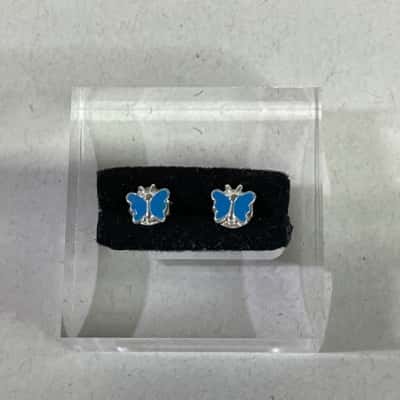 925 Marked Blue Butterfly Stud Earrings 