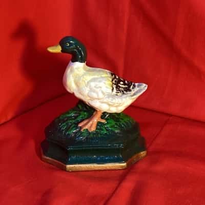 Vintage Hand Painted Cast Iron Mallard Duck Doorstop