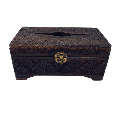 Elegantly Hand-Carved Wooden Tissue Box — Vintage Floral Design with Brass Latch