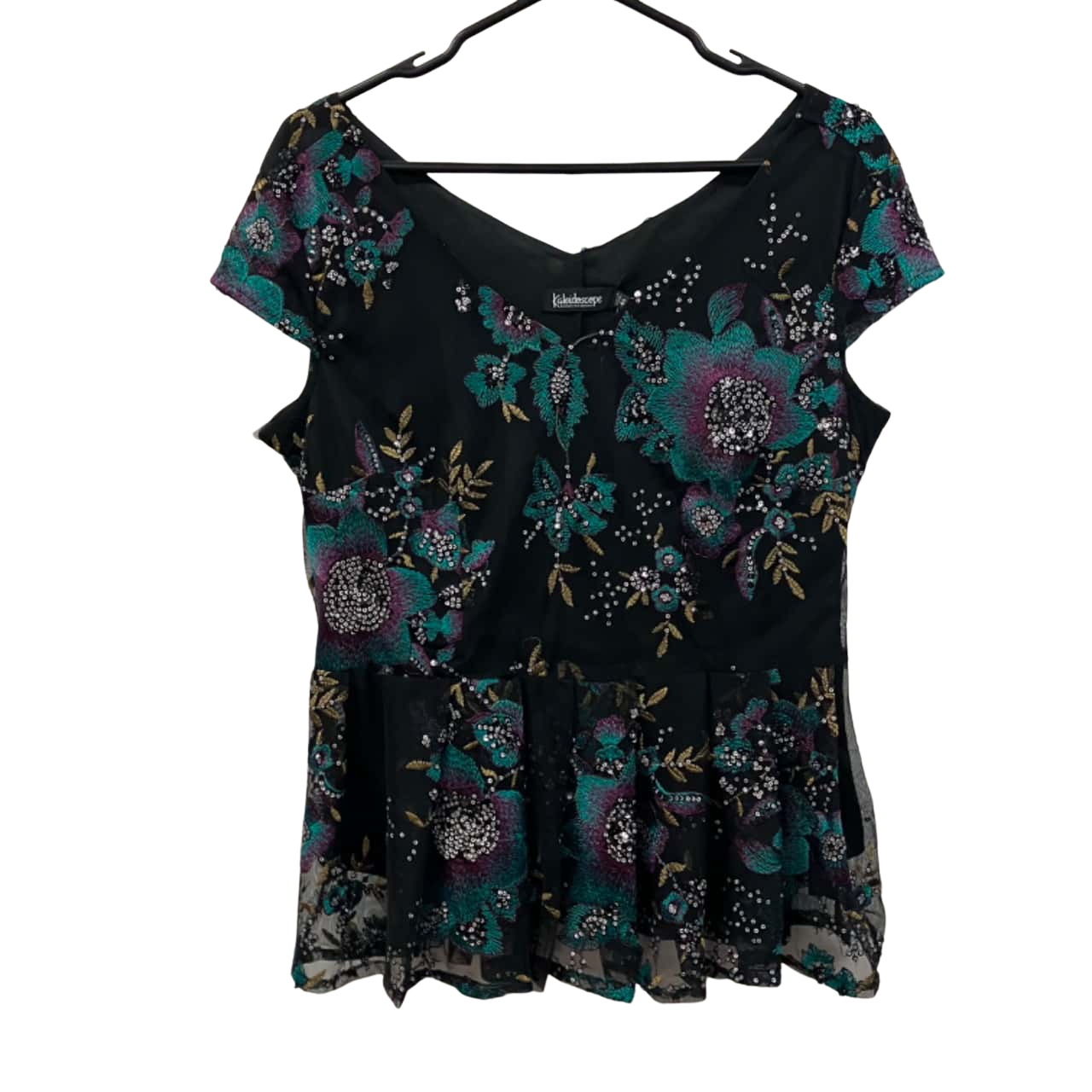 Kaleidoscope Black Purple Green Embroidered Floral Sequin Shirt Size 40 S kaleidoscope-black-purple-green-embroidered-floral-sequin-shirt-size-40-s