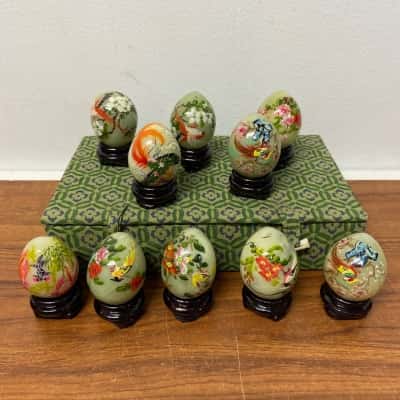 Set of 10 vintage Chinese hand painted Jade eggs