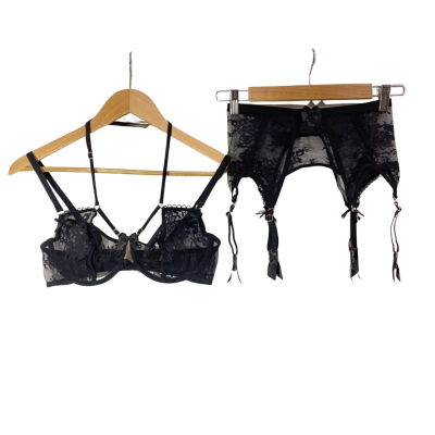 Honey Birdette Black Lace “Antoinette” Bra and Gater Belt Set