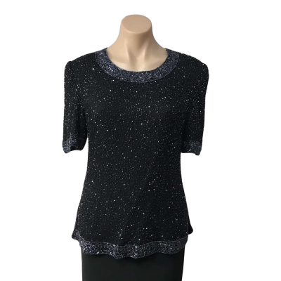 K Womens Size 10 Black Beaded Short Sleeve Top