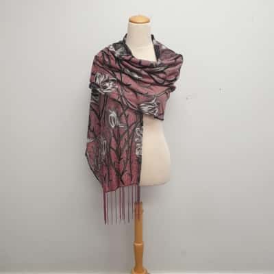 Gorgeous Dusk Pink & Grey /Black /Floral Pattern/ Lightweight /Scarf /Shawl /Wrap with Long Tassel Fringe Ends 