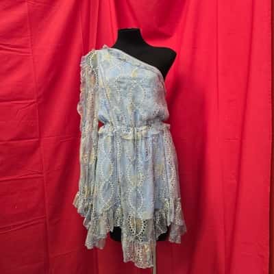  ***Womens "We Are Kindred" Size 10 Blue 100% Silk (Lining Polyester) One Shoulder, Split Sleeve Dress