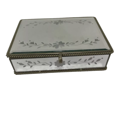 Vintage Etched Mirror Jewellery Box – Velvet Lined Trinket Box