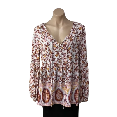 Grace & Co Womens Size 12 White / Burnt Orange / Mustard / Pink Pattern Long Sleeve Top 