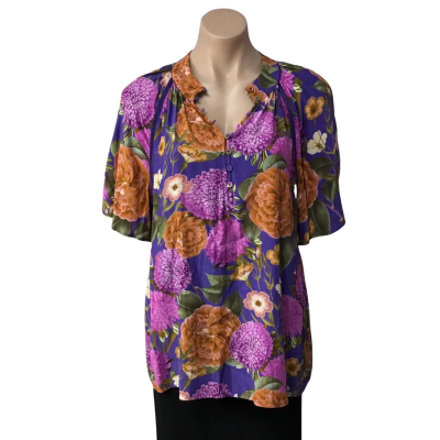 Sussan Womens Size 14 Purple / Orange / Pink / Green Floral Short Sleeve Top 