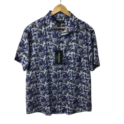 Mechmoto Mens Size L Blue / Khaki Green Leaf Pattern 100% Linen Short Sleeve Shirt (new)